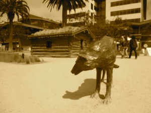 A statue of a wolf in Jack London Square. In the background, part of the cabin London lived in while mining gold in the Yukon. 